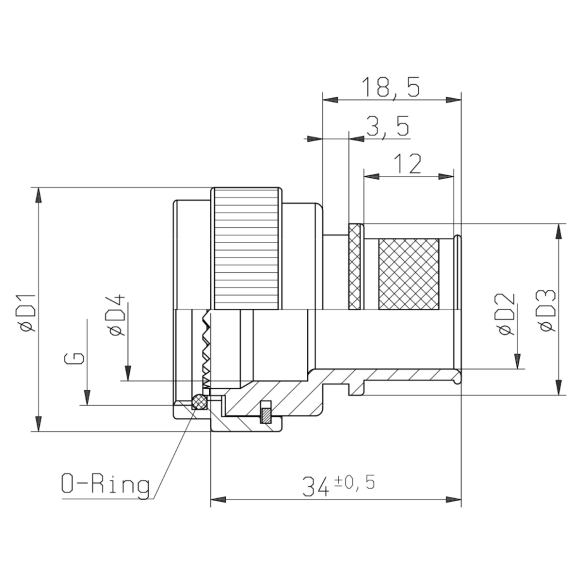 Dimensions of EMCA Electro-Mechanic A17-530 Straight Screened Adaptor
