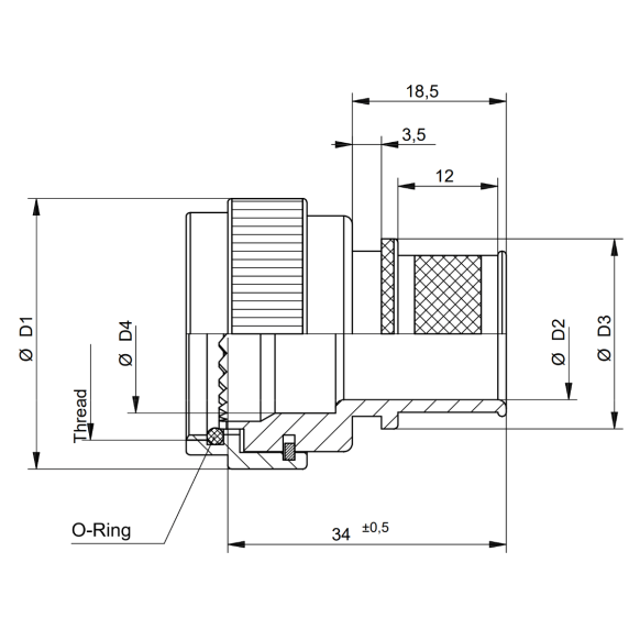 Dimensions of EMCA Electro-Mechanic A17-880 Straight Screened Adaptor