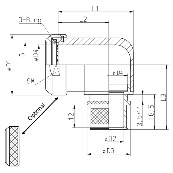Dimensions of EMCA Electro-Mechanic A37-525 90 Degree Screened Adaptor