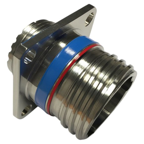 Side view of Amphenol D38999 Series III Box Mount Receptacle in Stainless Steel finish (Part Number: D38999/20KB98BA)