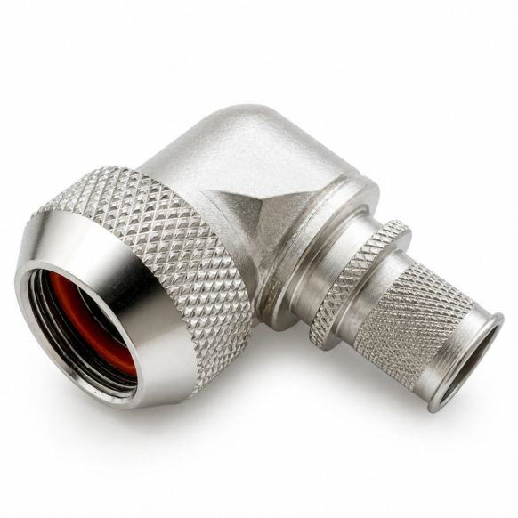 Front view of EMCA Electro-Mechanic A37-795 90 Degree Screened Adaptor in Electroless Nickel finish