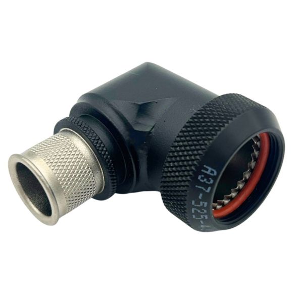 Front view of EMCA Electro-Mechanic A37-795 90 Degree Screened Adaptor in Black Hybrid finish
