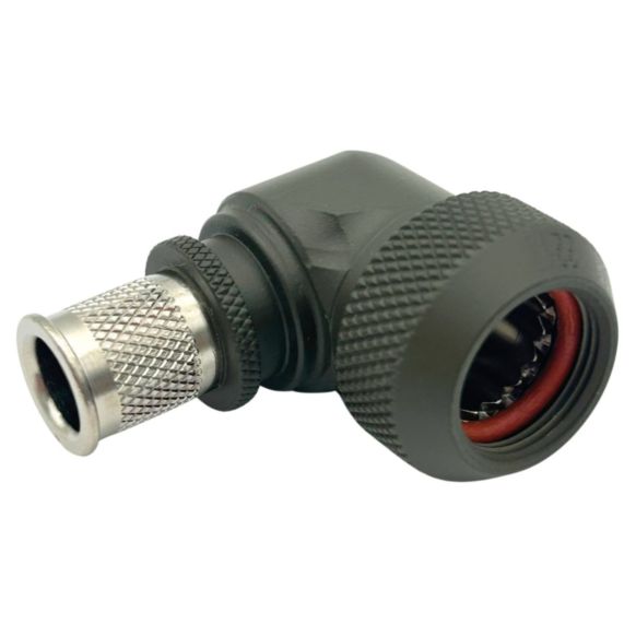 Front view of EMCA Electro-Mechanic A37-795 90 Degree Screened Adaptor in Olive Drab Hybrid finish